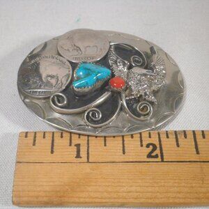 Vintage Squaw Wrap Belt Buckle Turquoise Coral Buffalo Nickels